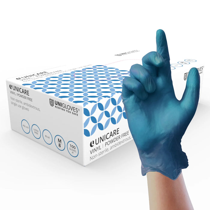 Unicare Blue Vinyl Powder Free Single Use Gloves | UniGloves