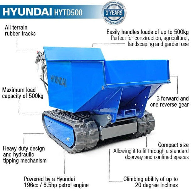 196cc Petrol Tracked Mini-Dumper Power Barrow Transporter 500Kg | Hyundai
