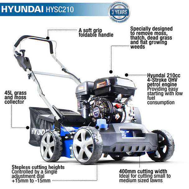 212cc Petrol Lawn Scarifier & Aerator 4-Stroke (16" / 40cm) | Hyundai