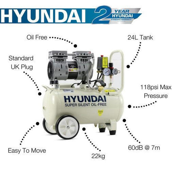 1HP 24L Oil-Free Low Noise Portable Air Compressor, 5.2CFM 118psi Direct Drive | Hyundai
