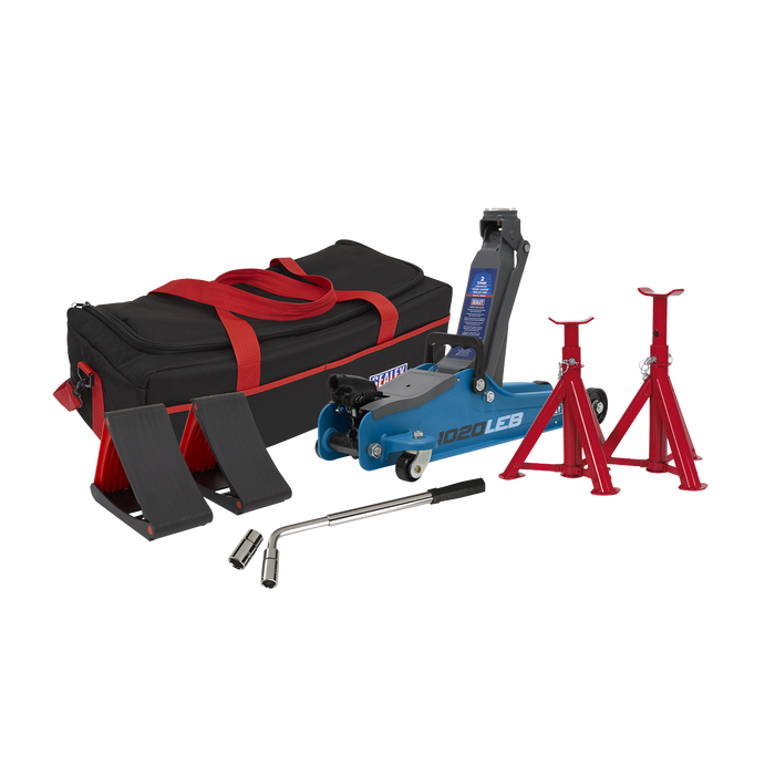 Low Profile Short Chassis Trolley Jack  2 Tonne & Accessories Bag Combo - Blue | 1020LEBBAGCOMBO