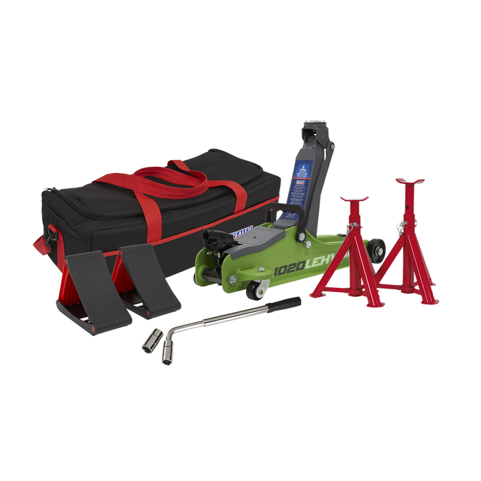 Low Entry Short Chassis Trolley Jack & Accessories Bag Combo, 2 Tonne - Green | 1020LEHVBAGCOMBO