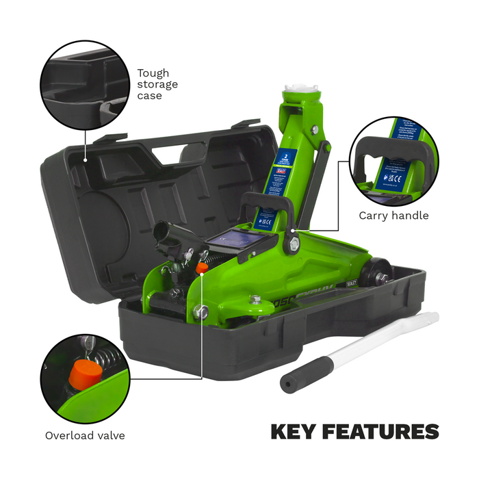 Sealey Short Chassis Trolley Jack With Storage Case 2 Tonne - Hi-Vis Green | 1050CXDHV