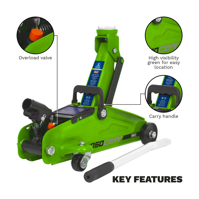 Sealey Short Chassis Trolley Jack 2 Tonne - Hi-Vis Green | 1050CXHV