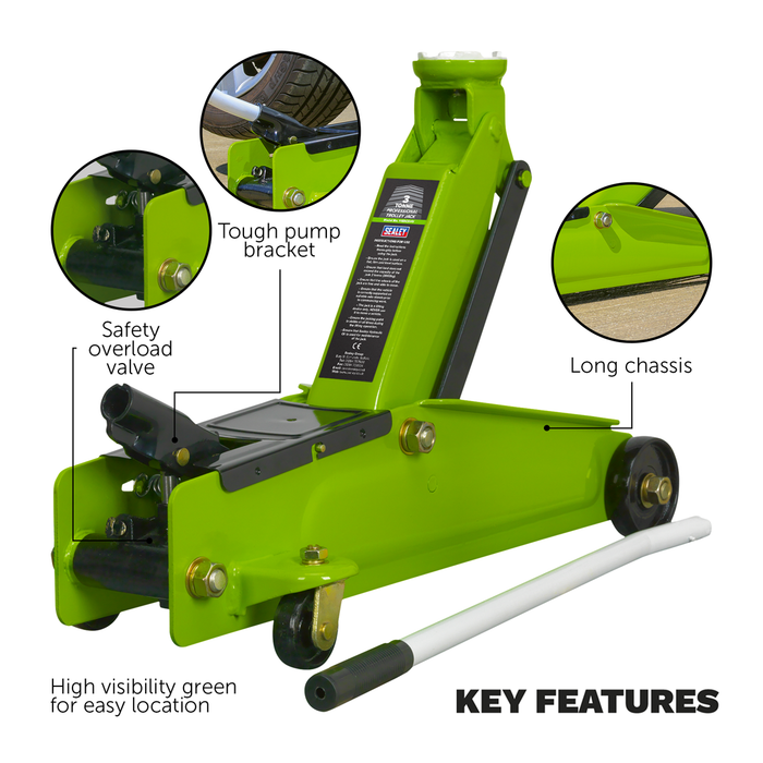 Heavy-Duty Long Reach Trolley Jack 3 Tonne - Green | 1153CXHV