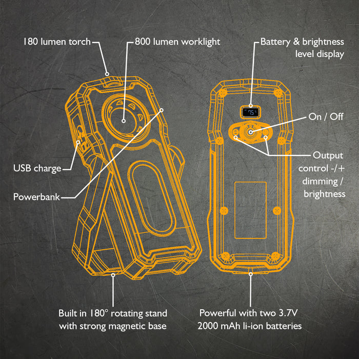 JCB WL Pocket II 800 Lumen LED Worklight, Torch & Powerbank | JCB-WL-POCKET II