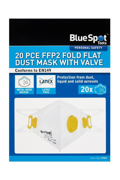 Bluespot Tools 20 Piece FFP2 Fold Flat Dust Mask With Valves | 19764