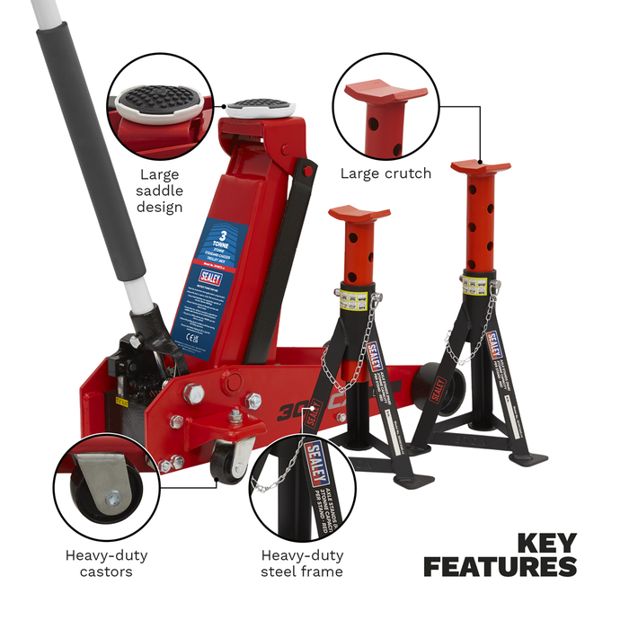 Standard Chassis Trolley Jack 3 Tonne with Axle Stands (Pair) 3 Tonne Capacity per Stand | 3010CX