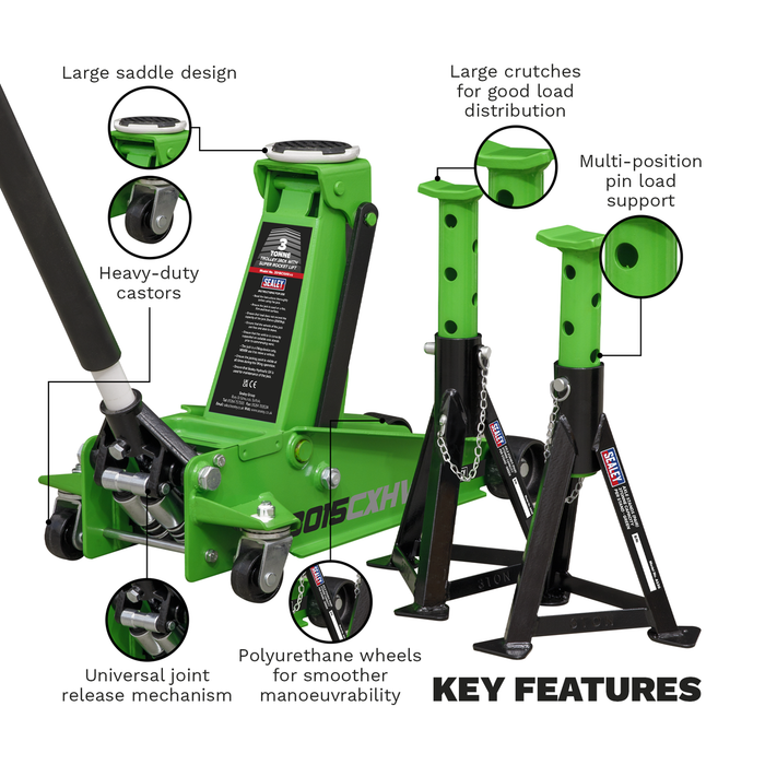 Trolley Jack with Super Rocket Lift 3 Tonne & Axle Stands (Pair) 3 Tonne Capacity per Stand - Green | 3015CXHV