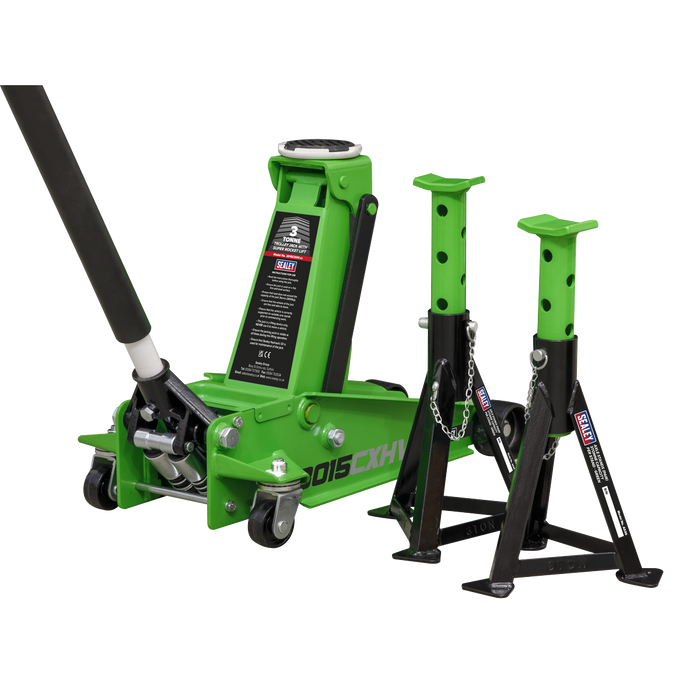 Trolley Jack with Super Rocket Lift 3 Tonne & Axle Stands (Pair) 3 Tonne Capacity per Stand - Green | 3015CXHV