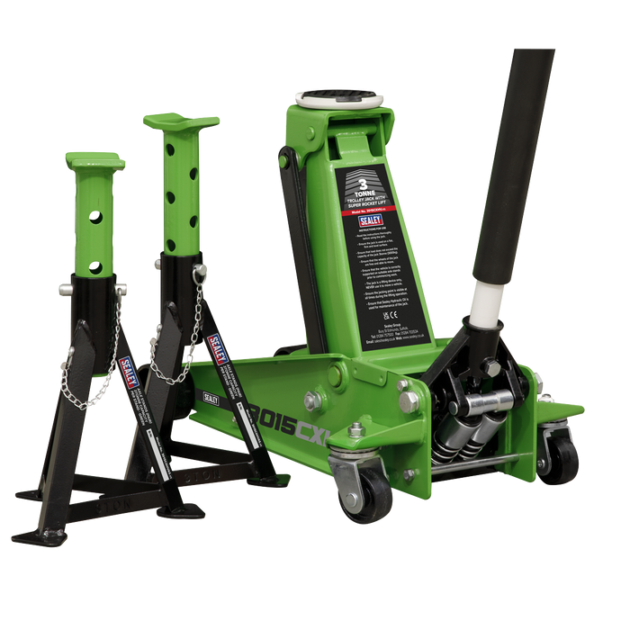 Trolley Jack with Super Rocket Lift 3 Tonne & Axle Stands (Pair) 3 Tonne Capacity per Stand - Green | 3015CXHV