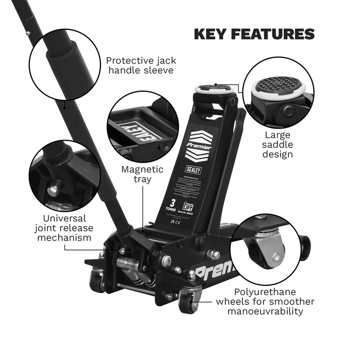 Premier Low Profile Trolley Jack with Rocket Lift 3 Tonne - Black | 3040AB