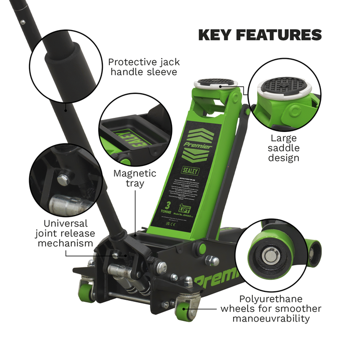 Premier Low Profile Trolley Jack with Rocket Lift 3 Tonne - Green | 3040AG