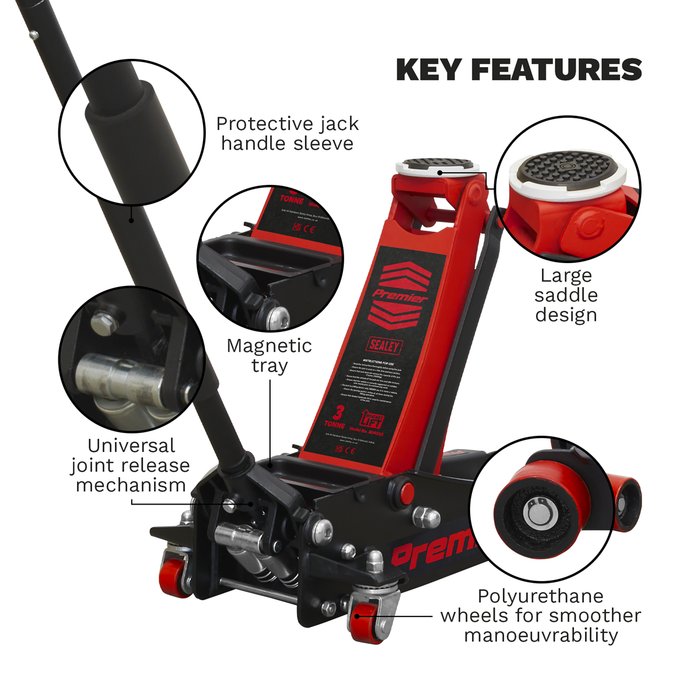 Premier Low Profile Trolley Jack with Rocket Lift 3 Tonne - Red | 3040AR