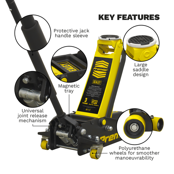 Premier Low Profile Trolley Jack with Rocket Lift 3 Tonne - Yellow | 3040AY