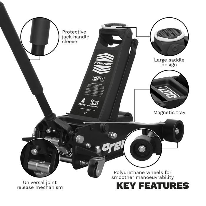 Premier Low Profile Trolley Jack with Rocket Lift 4 Tonne - Black | 4040AB