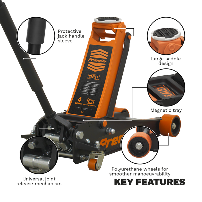 Premier Low Profile Trolley Jack with Rocket Lift 4 Tonne - Orange | 4040AO