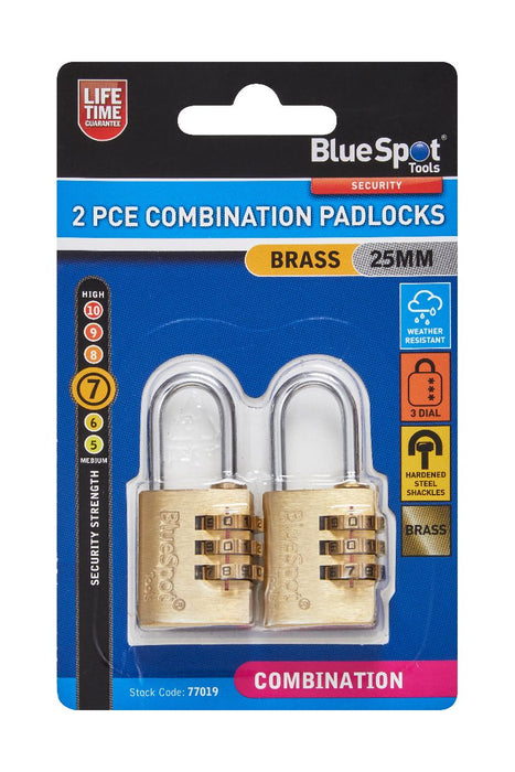 Blue Spot Tools 2 PCE 25MM Brass Combination Padlocks | B/S77019