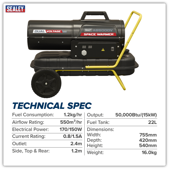 Dual Voltage Kerosene/Diesel Space Warmer® Heater with Wheels 50,000Btu/hr | AB500DV