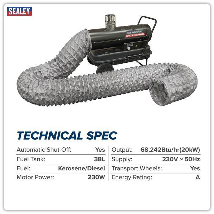 Space Warmer® Indirect Kerosene/Diesel Heater 68,000Btu/hr with 5M Ducting | ABI600COMBO