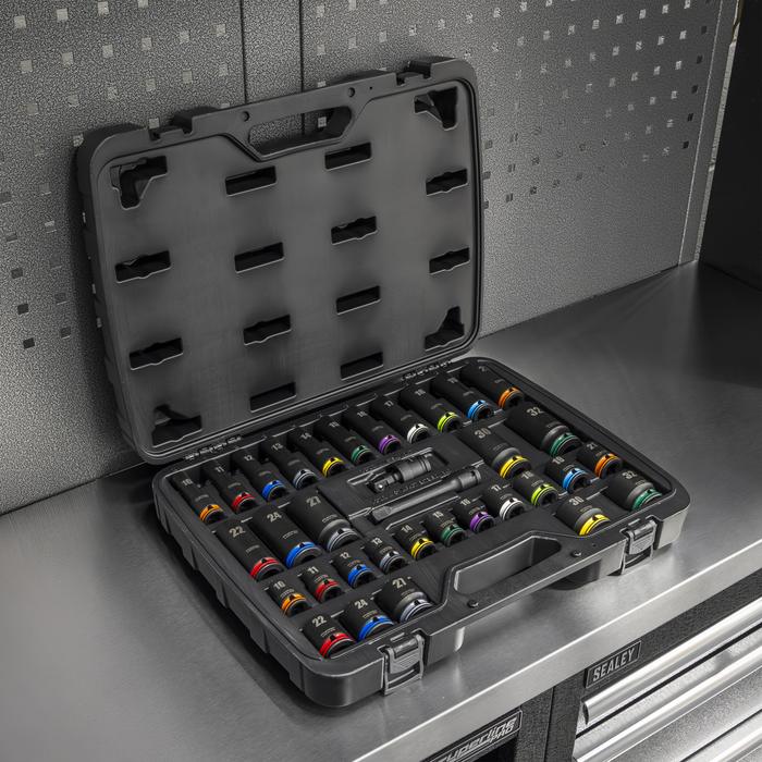 Lock-On™ Standard & Deep Impact Socket Set 34pc 1/2"Sq Drive 6pt Metric | AK5636M