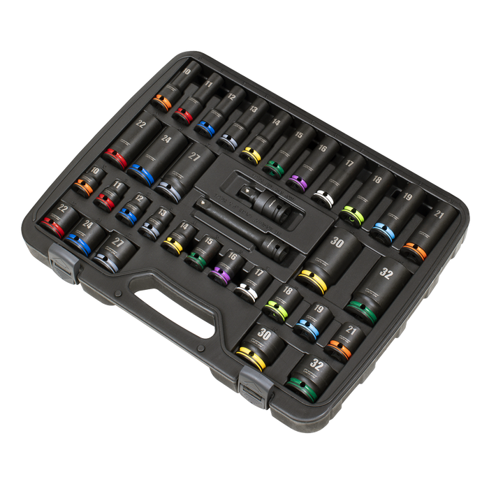 Lock-On™ Standard & Deep Impact Socket Set 34pc 1/2"Sq Drive 6pt Metric | AK5636M