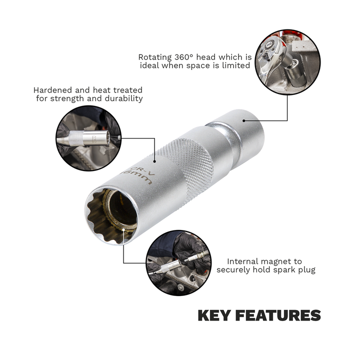 Spark Plug Socket with Universal Joint 3/8"Sq Drive 12-Point 16mm | AK6571
