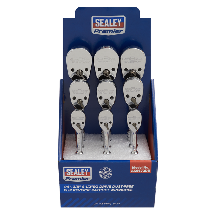 Premier Pear-Head Ratchet Wrenches with Flip Reverse 1/4", 3/8" & 1/2"Sq Drive - Display Box of 9 | AK6672DB