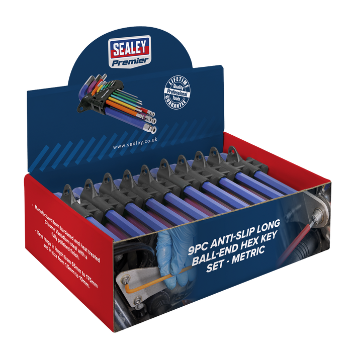 Premier Long Colour-Coded Ball-End Hex Key Set 9pc - Display Box of 10 | AK7190DB