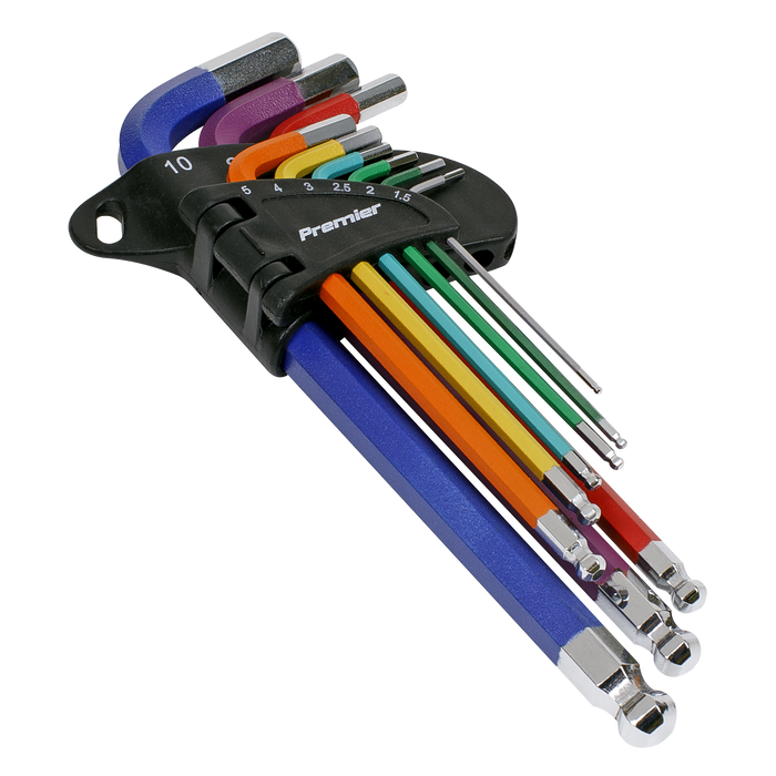 Premier Long Colour-Coded Ball-End Hex Key Set 9pc - Display Box of 10 | AK7190DB