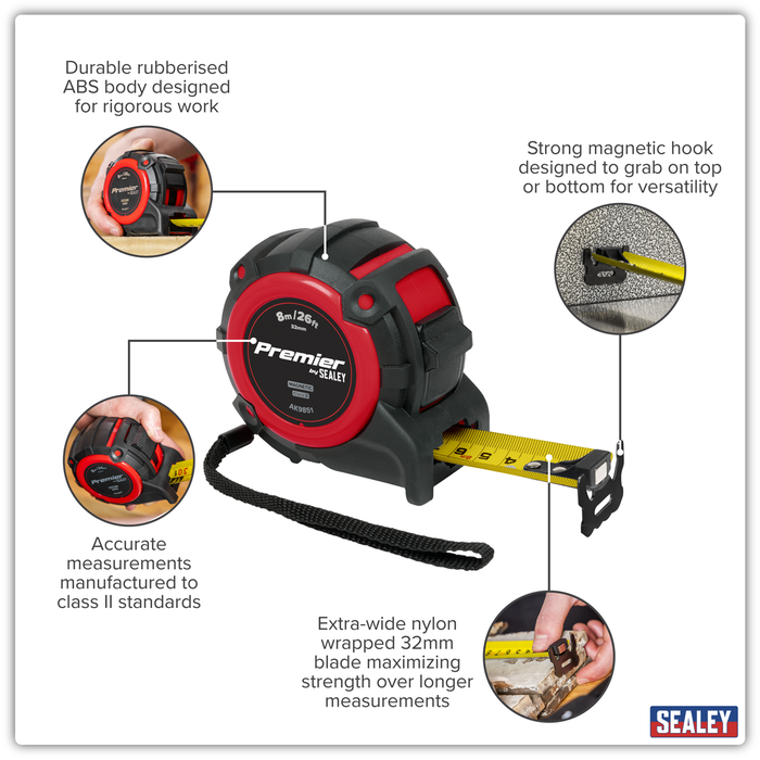 Premier Metric/Imperial Tape Measure Extra-Wide Blade 8m(26ft) x 32mm | AK9851