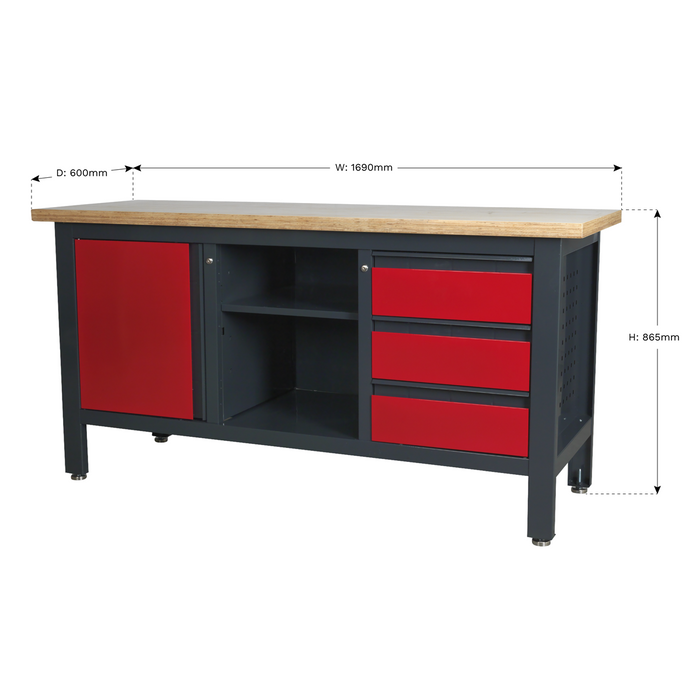 Workbench with 3 Drawers, 1 Cupboard & Open Storage | AP1905B