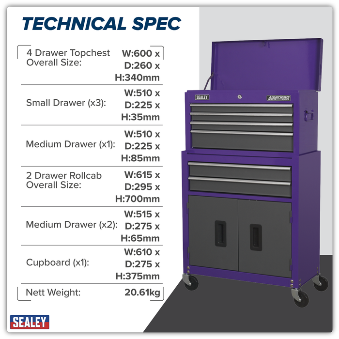 American PRO® Topchest & Rollcab Combination 6 Drawer - Purple/Grey | AP2200BBCP