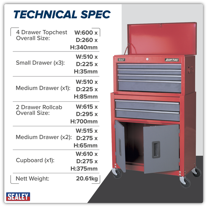 American PRO® Topchest & Rollcab Combination 6 Drawer - Red | AP2200BB