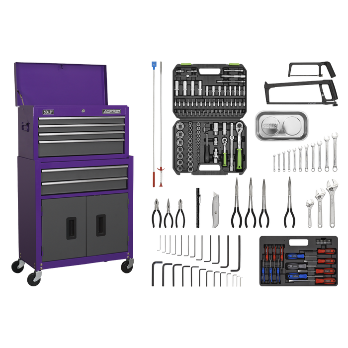 American PRO® Topchest & Rollcab Combination 6 Drawer with 170pc Tool Kit - Purple/Grey | AP2200COMBOCP