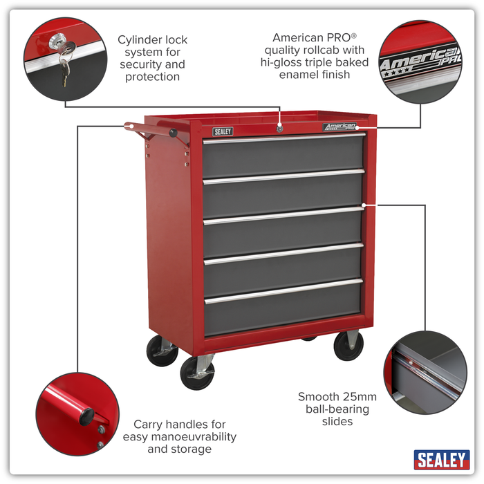 American PRO® Rollcab 5 Drawer - Red/Grey | AP22505BB