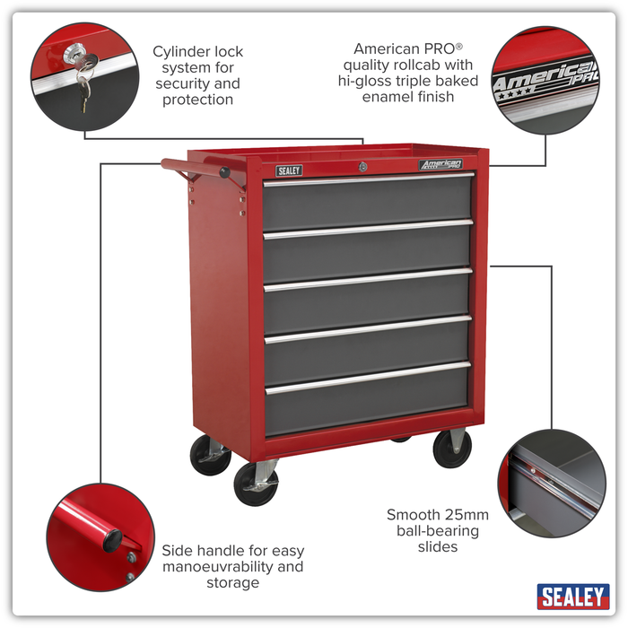 American PRO® Rollcab 5 Drawer - Red/Grey | AP22505BB