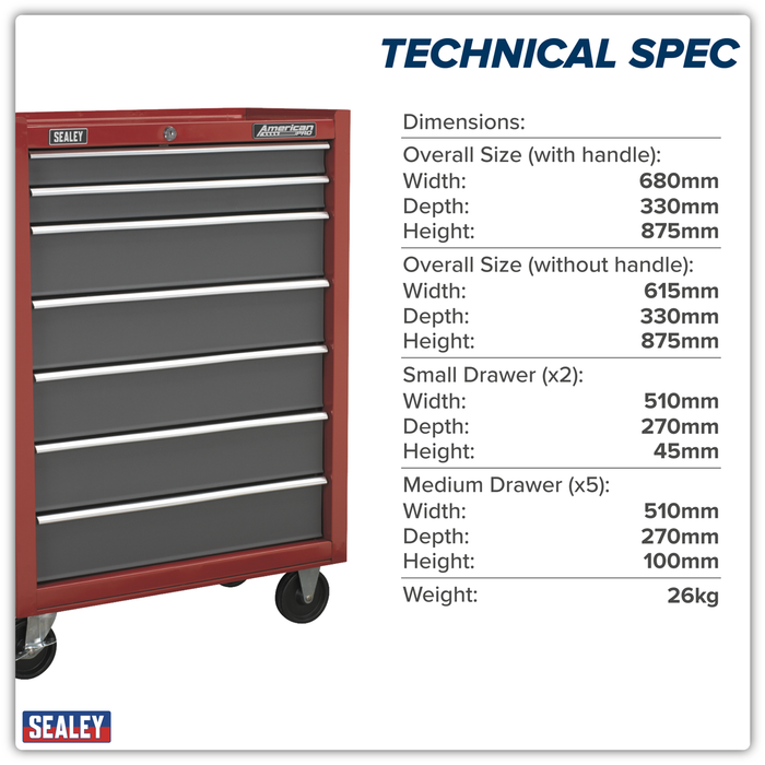 American PRO® Rollcab 7 Drawer - Red/Grey | AP22507BB
