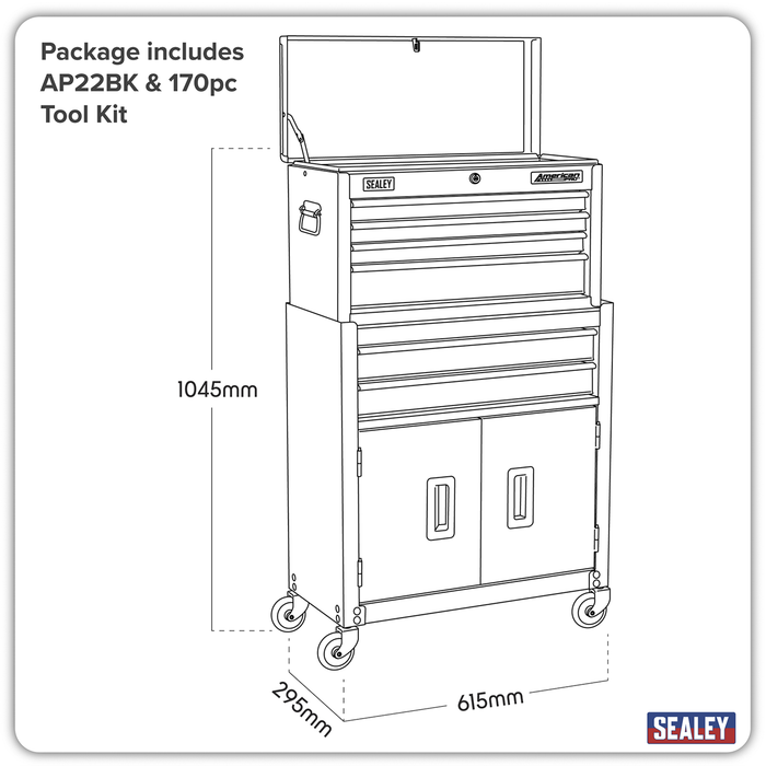 American PRO® Topchest & Rollcab Combination 6 Drawer with 170pc Tool Kit - Black | AP22BKCOMBO