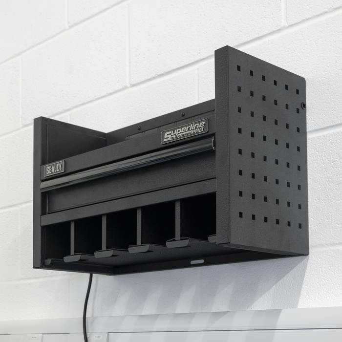Superline PRO® Power Tool Storage Rack with Drawer & Power Bar | AP22SRBE
