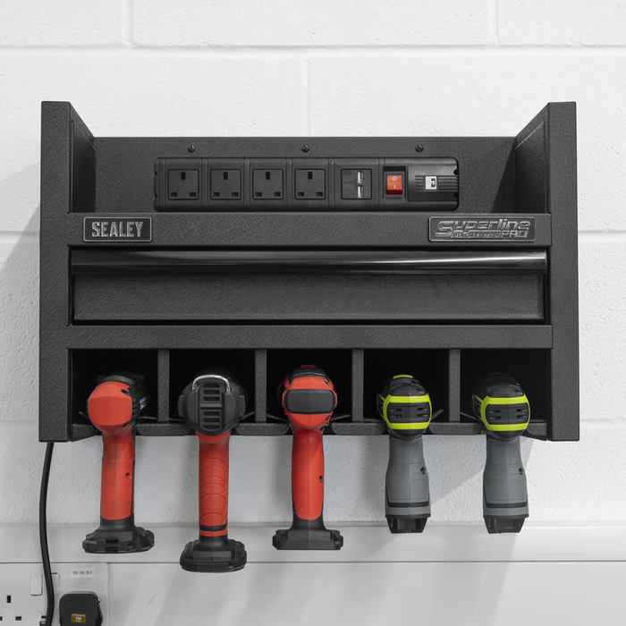 Superline PRO® Power Tool Storage Rack with Drawer & Power Bar | AP22SRBE