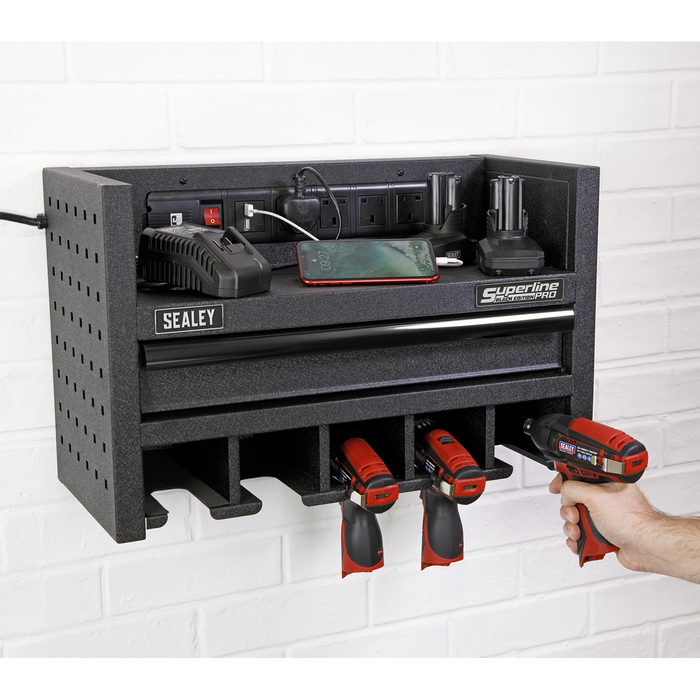 Superline PRO® Power Tool Storage Rack with Drawer & Power Bar | AP22SRBE