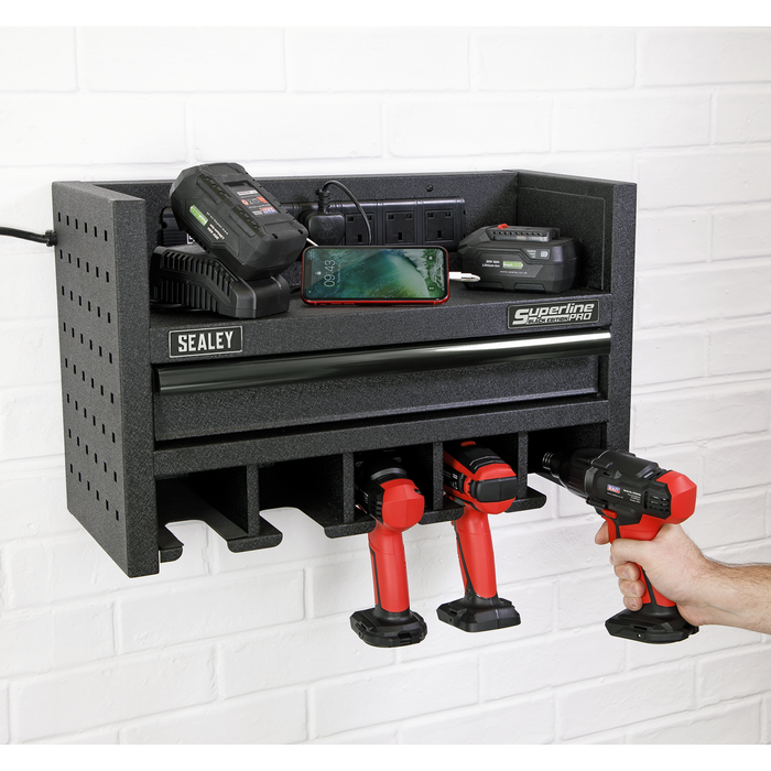 Superline PRO® Power Tool Storage Rack with Drawer & Power Bar | AP22SRBE