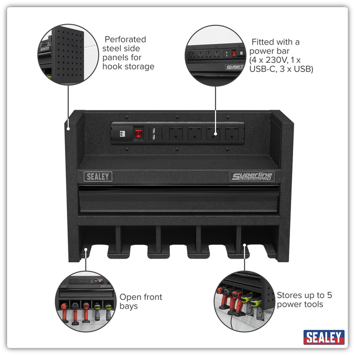 Superline PRO® Power Tool Storage Rack with Drawer & Power Bar | AP22SRBE