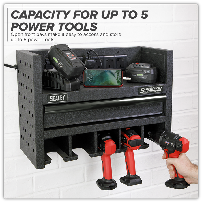 Superline PRO® Power Tool Storage Rack with Drawer & Power Bar | AP22SRBE