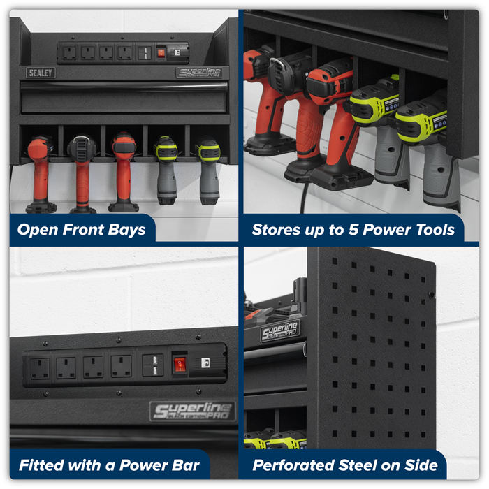 Superline PRO® Power Tool Storage Rack with Drawer & Power Bar | AP22SRBE