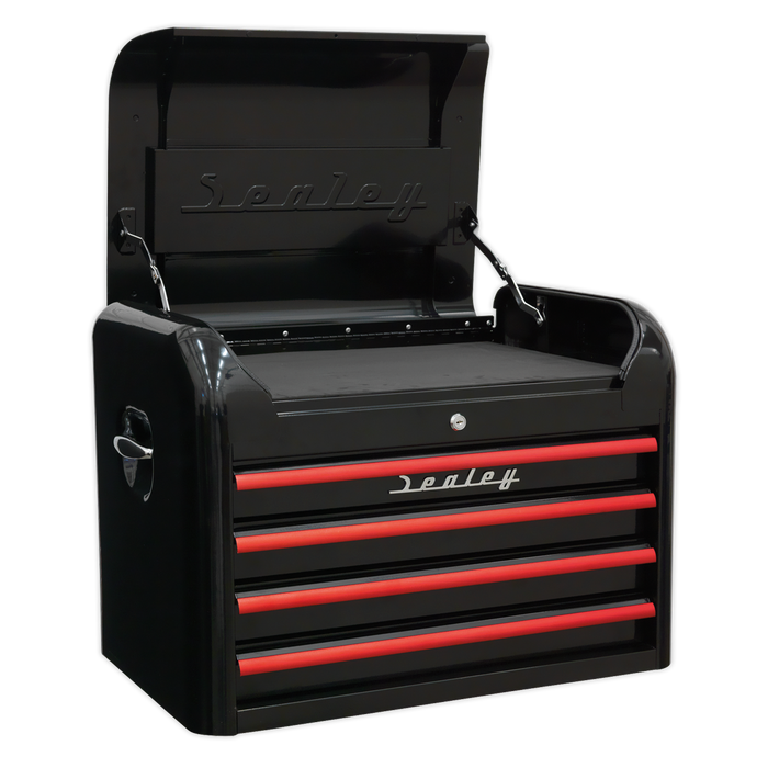 Premier™ Retro Style Topchest, Mid-Box Tool Chest & Rollcab Combination 10 Drawer - Black with Red Anodised Drawer Pulls | AP28COMBO2BR