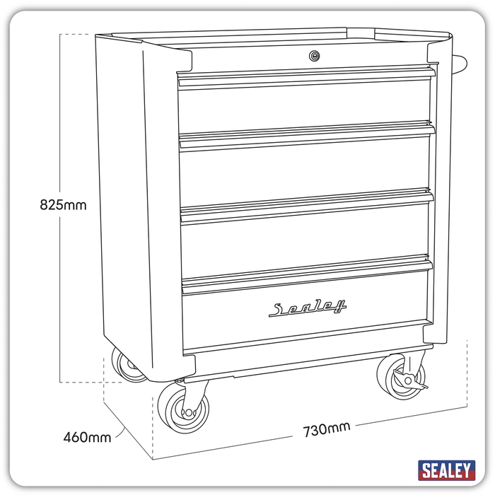 Premier™ Retro Style Rollcab 4 Drawer - Black with Red Anodised Drawer Pulls | AP28204BR