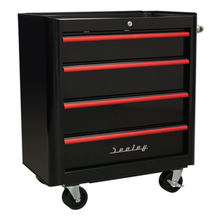 Premier™ Retro Style Topchest, Mid-Box Tool Chest & Rollcab Combination 10 Drawer - Black with Red Anodised Drawer Pulls | AP28COMBO2BR