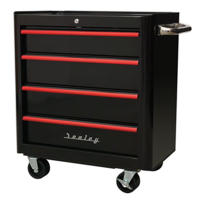 Premier™ Retro Style Rollcab 4 Drawer - Black with Red Anodised Drawer Pulls | AP28204BR